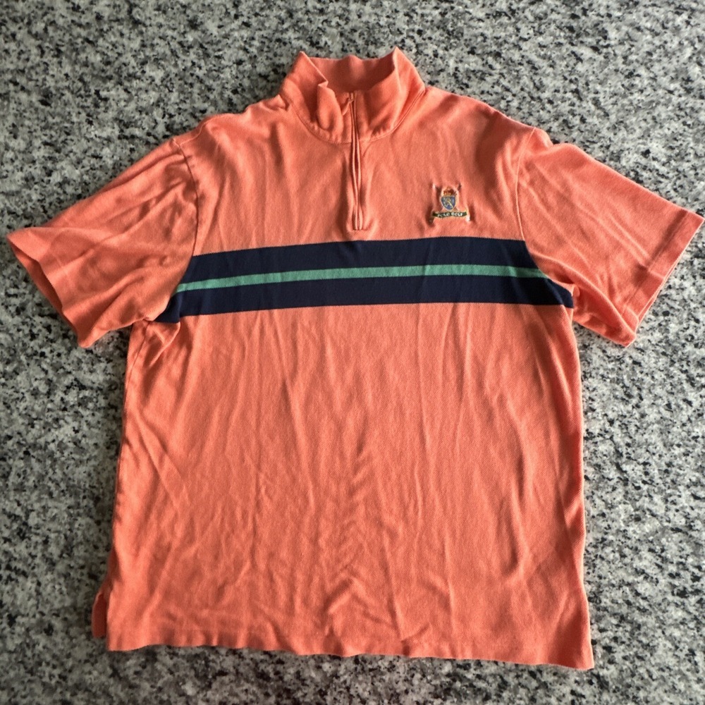 Polo Sports Ralph Lauren 1/4 Zip Polo Shirt Mens Large Orange Medium Waffle-Knit